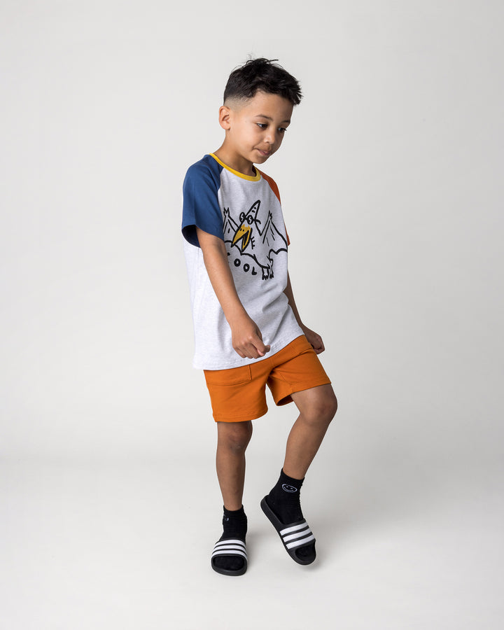Kid wearing the Cool Pterodactyl Tee in white marle and multi with the Track Short in burnt orange, side view