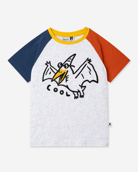 Cool Pterodactyl Tee in white marle and multi, boys t shirt by Minti, flat lay
