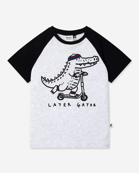 Later Gator Tee in white marle and black, boys t shirt by Minti, flat lay