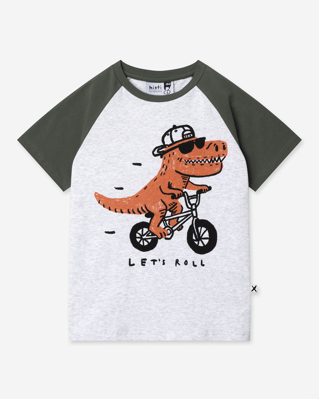 Rex Rider Tee in white marle and forest, boys t shirt by Minti, flat lay