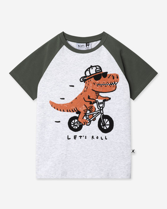 Rex Rider Tee in white marle and forest, boys t shirt by Minti, flat lay