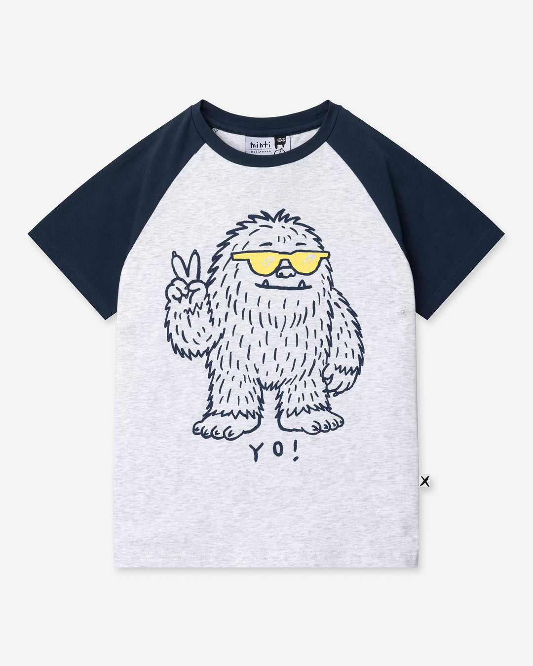 Yo Yeti Tee in white marle and ink, boys t shirt by Minti, flat lay