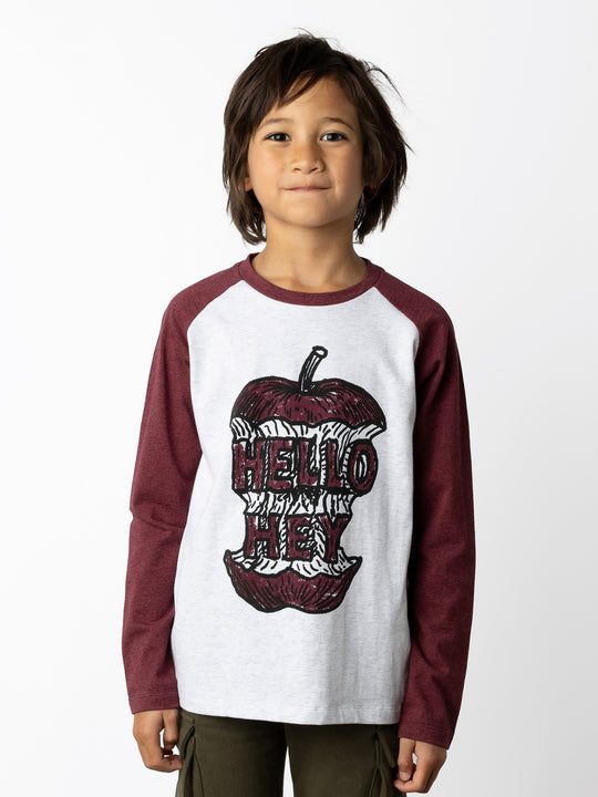 Minti kids clothing. Luxe raglan tee with contrast sleeves and neck. 190 Gram // 95% Cotton // 5% Elastane.