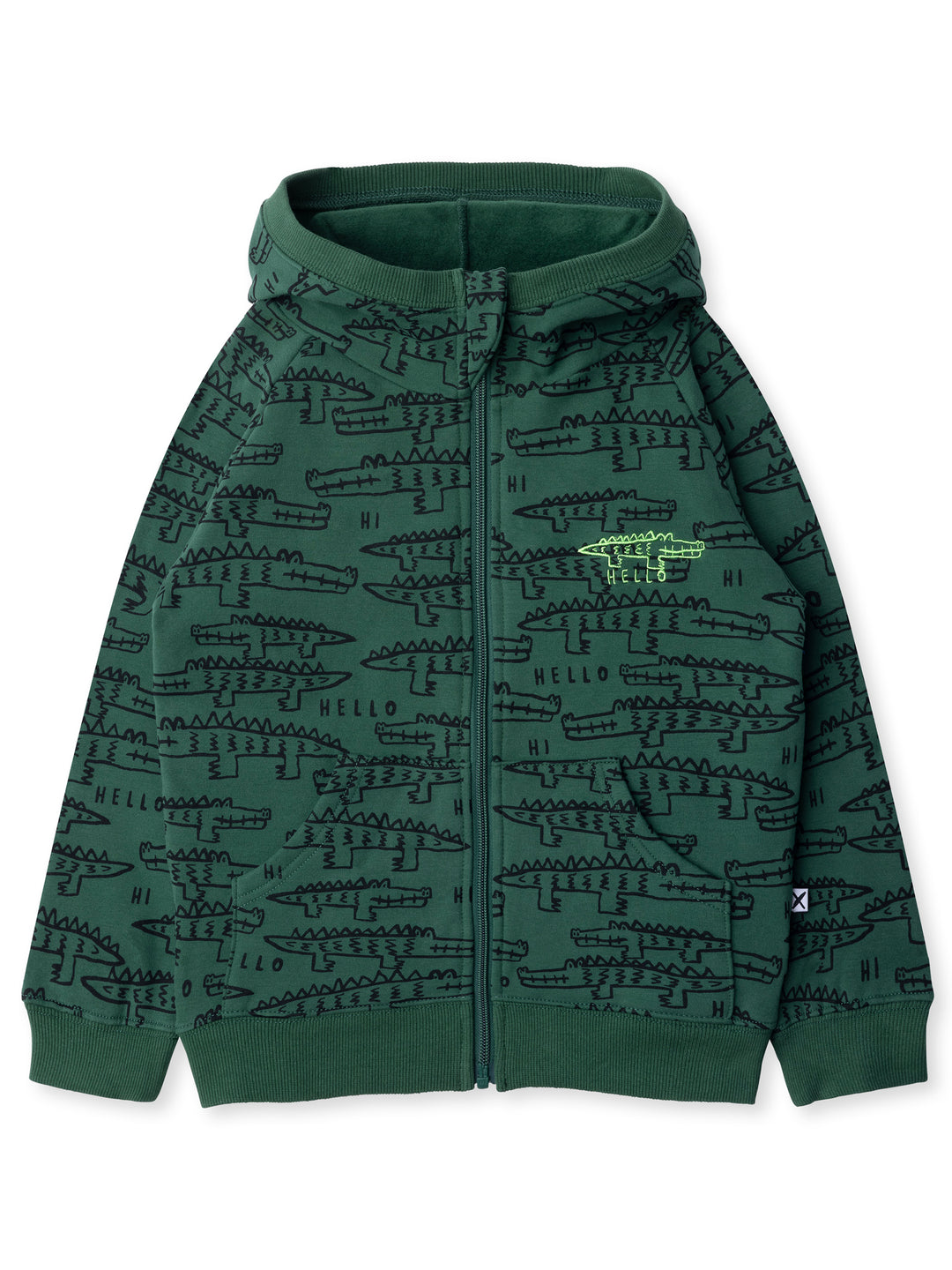 Minti kids clothing. Cosy zip through hoodie with kangaroo pockets for extra warmth! 2x2 rib trim on the hood, cuffs and hem. Small Hello Croc embroidery on the front. 330 Gram // Brushed Inside // 95% Cotton // 5% Elastane.