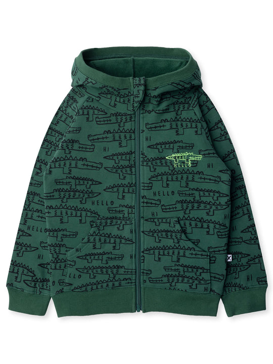 Minti kids clothing. Cosy zip through hoodie with kangaroo pockets for extra warmth! 2x2 rib trim on the hood, cuffs and hem. Small Hello Croc embroidery on the front. 330 Gram // Brushed Inside // 95% Cotton // 5% Elastane.