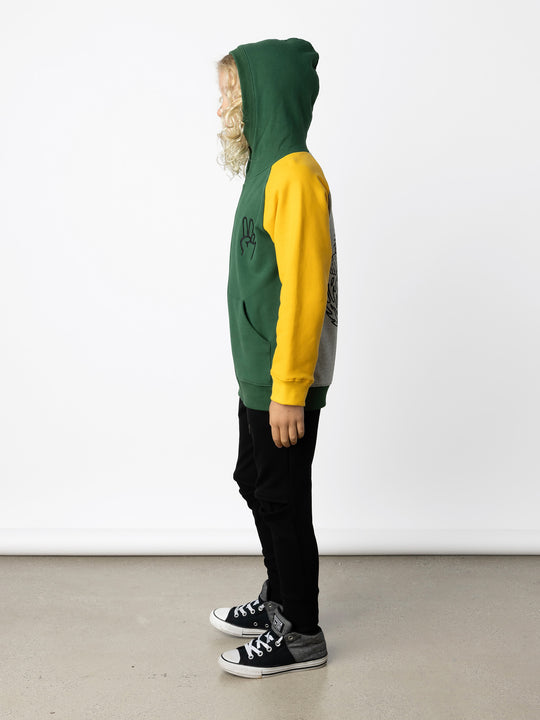 Minti kids clothing. Cosy zip through hoodie with kangaroo pockets for extra warmth! 2x2 rib trim on the hood, cuffs and hem. Small embroidery on the front and big print on the back. 330 Gram // Brushed Inside // 95% Cotton // 5% Elastane.