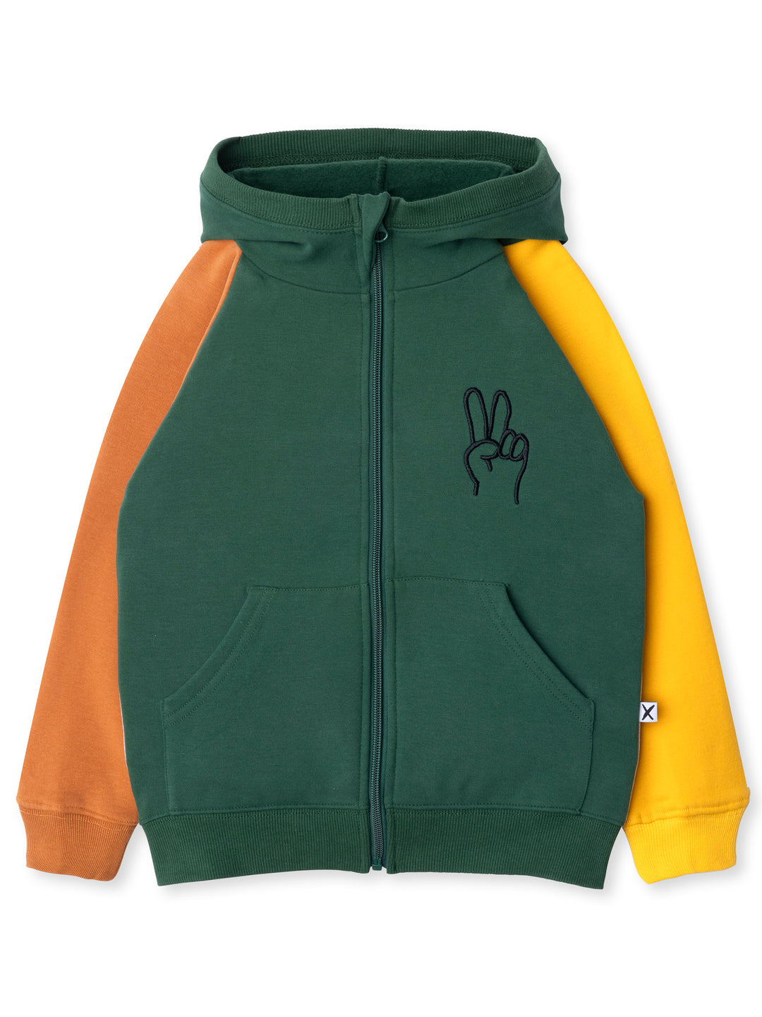 Minti kids clothing. Cosy zip through hoodie with kangaroo pockets for extra warmth! 2x2 rib trim on the hood, cuffs and hem. Small embroidery on the front and big print on the back. 330 Gram // Brushed Inside // 95% Cotton // 5% Elastane.