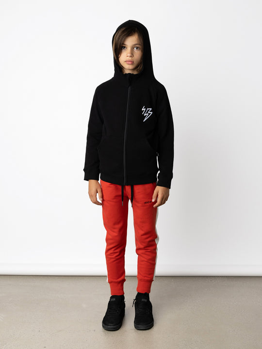 Minti kids clothing. Cosy zip through hoodie with kangaroo pockets for extra warmth! 2x2 rib trim on the hood, cuffs and hem. Small embroidery on the front and big print on the back. 330 Gram // Brushed Inside // 95% Cotton // 5% Elastane.