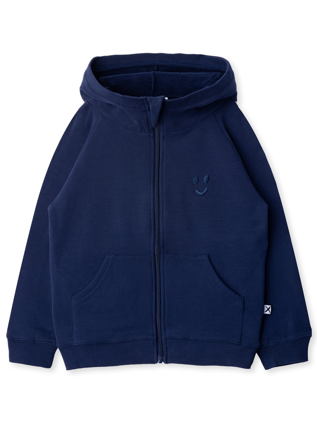Minti kids clothing. Cosy zip through hoodie with kangaroo pockets for extra warmth! 2x2 rib trim on the hood, cuffs and hem. Small tonal Happy Face embroidery on the front. 330 Gram // Brushed Inside // 95% Cotton // 5% Elastane.