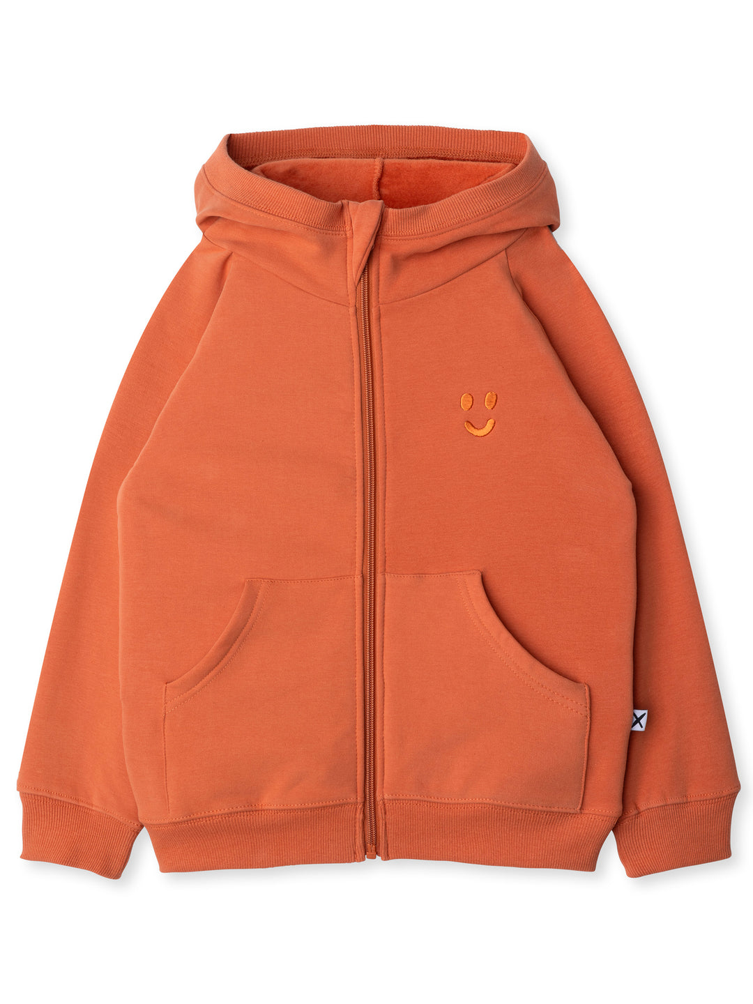 Minti kids clothing. Cosy zip through hoodie with kangaroo pockets for extra warmth! 2x2 rib trim on the hood, cuffs and hem. Small tonal Happy Face embroidery on the front. 330 Gram // Brushed Inside // 95% Cotton // 5% Elastane.