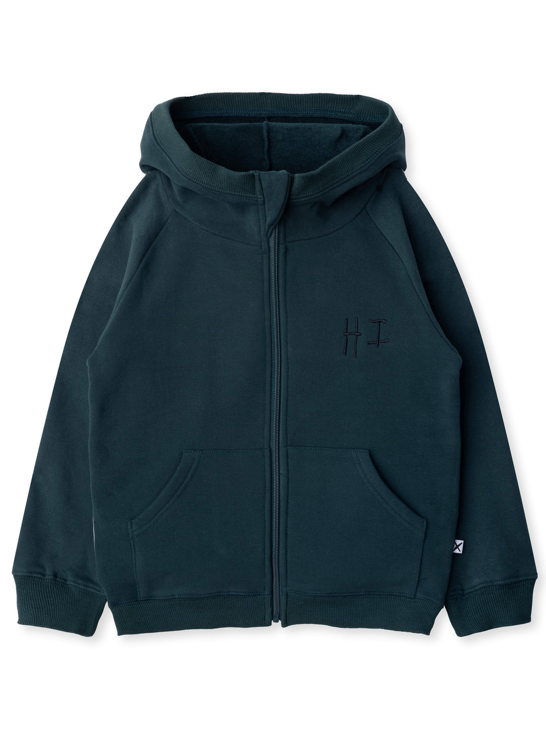 Minti kids clothing. Cosy zip through hoodie with kangaroo pockets for extra warmth! 2x2 rib trim on the hood, cuffs and hem. Small embroidery on the front and big print on the back. 330 Gram // Brushed Inside // 95% Cotton // 5% Elastane.