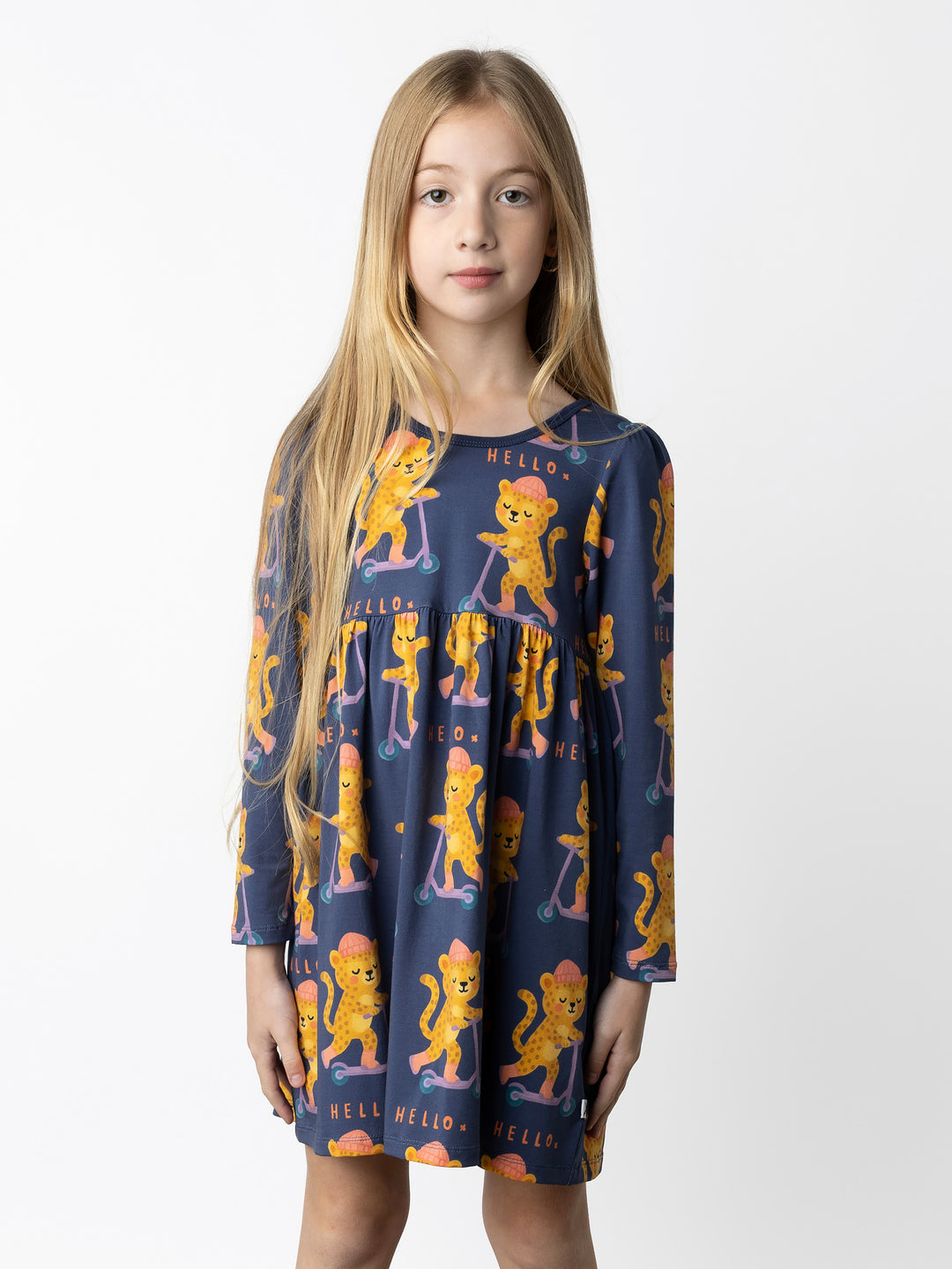 Minti kids clothing. Comfy tshirting weight dress with ruched empire seam. 190 Gram // 95% Cotton // 5% Elastane.