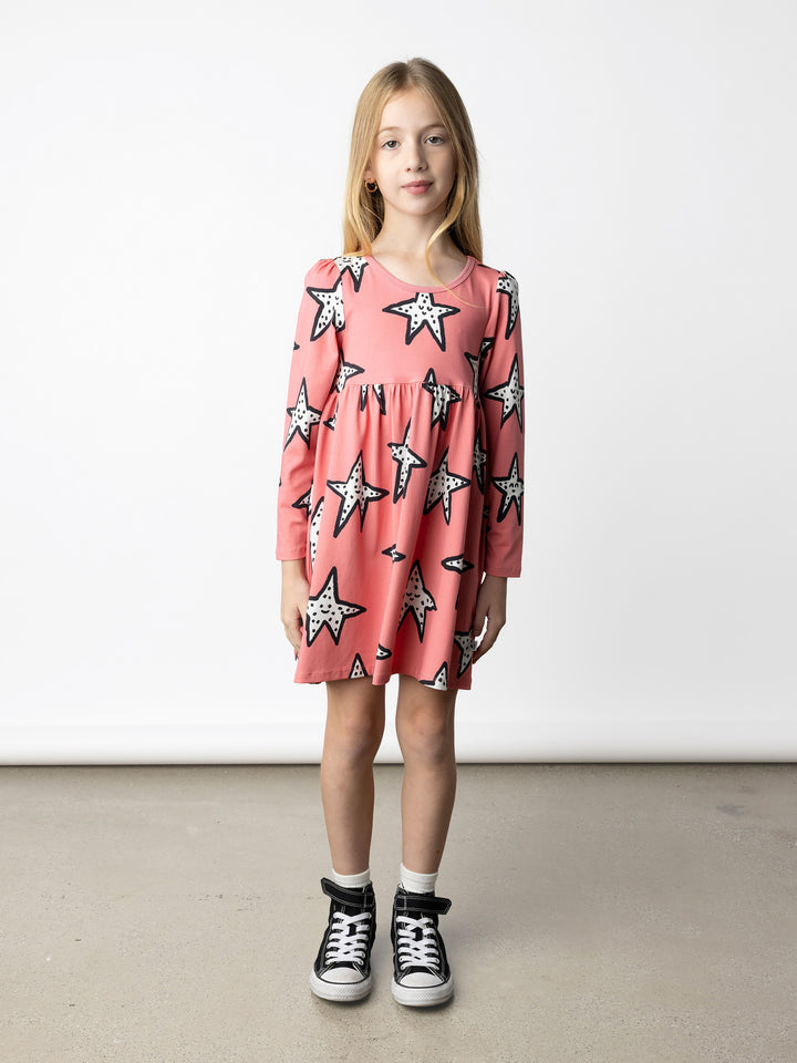 Minti kids clothing. Comfy tshirting weight dress with ruched empire seam. 190 Gram // 95% Cotton // 5% Elastane.