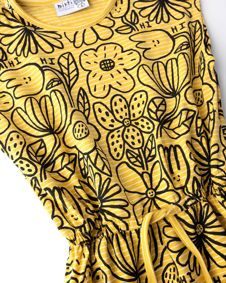 Close up of the Big Flowers Playsuit print in mustard stripe