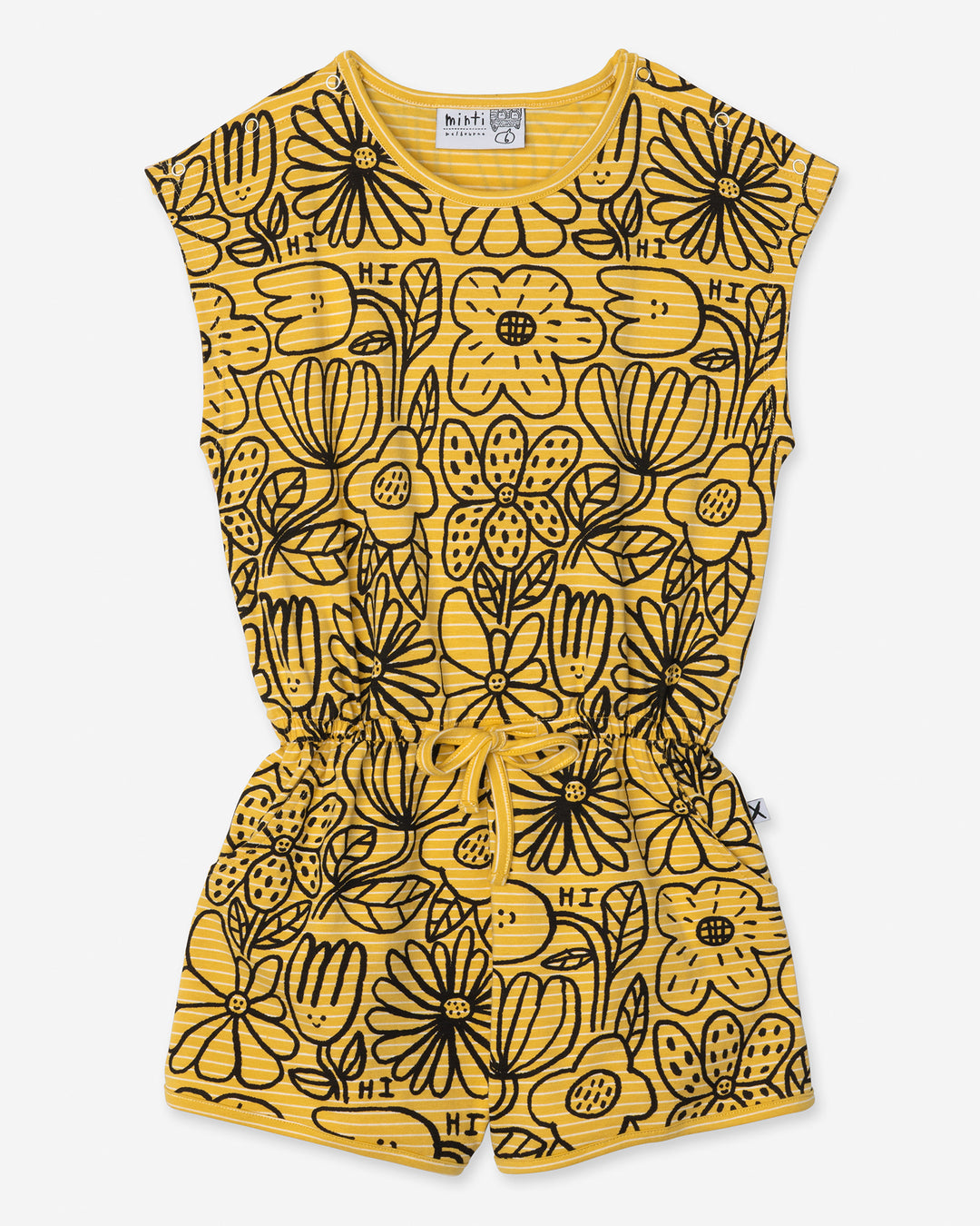 Big Flowers Playsuit in mustard stripe, girls playsuit by Minti, flat lay