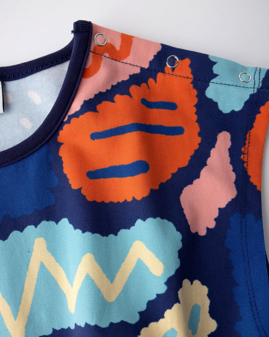 Close up of the Cool Shapes Playsuit print in dark blue