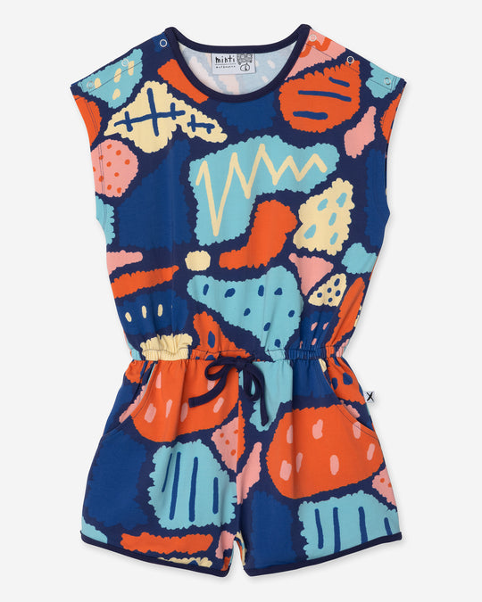 Cool Shapes Playsuit in dark blue, girls playsuit by Minti, flat lay