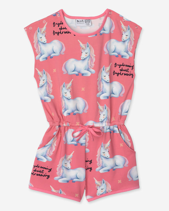 Daydreaming Unicorn Playsuit in candy, girls playsuit by Minti, flat lay