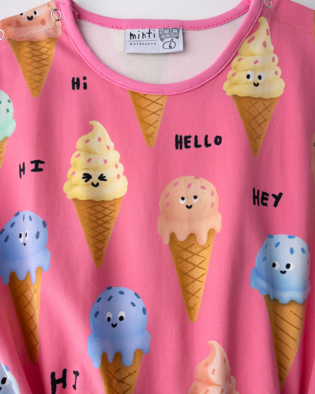 Close up of the Happy Icecreams Playsuit print in pink