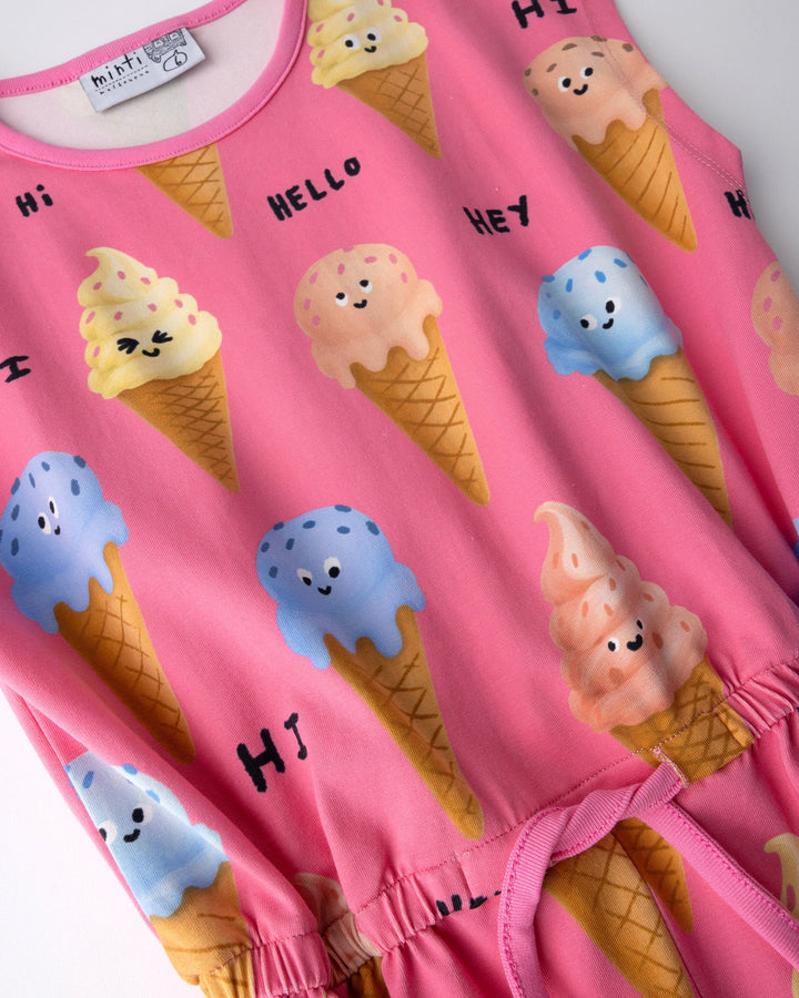 Close up of the Happy Icecreams Playsuit print in pink