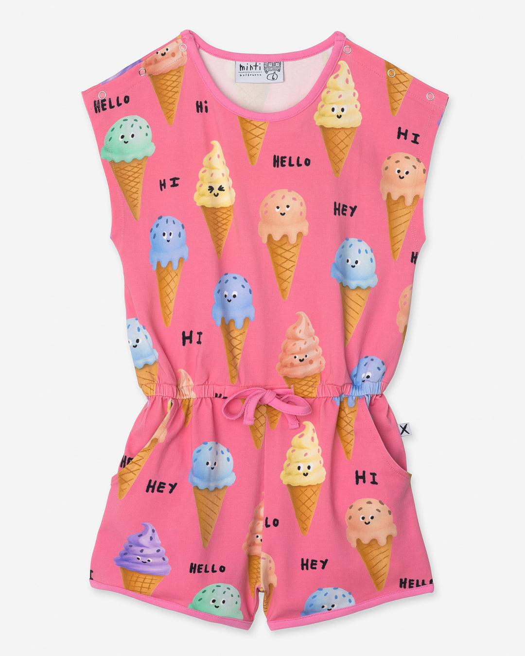 Happy Icecreams Playsuit in pink, girls playsuit by Minti, flat lay