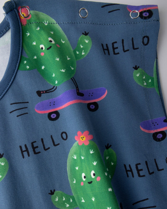 Close up of the Skate Cactus Playsuit print in muted blue