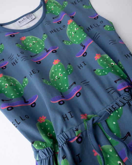Close up of the Skate Cactus Playsuit print in muted blue