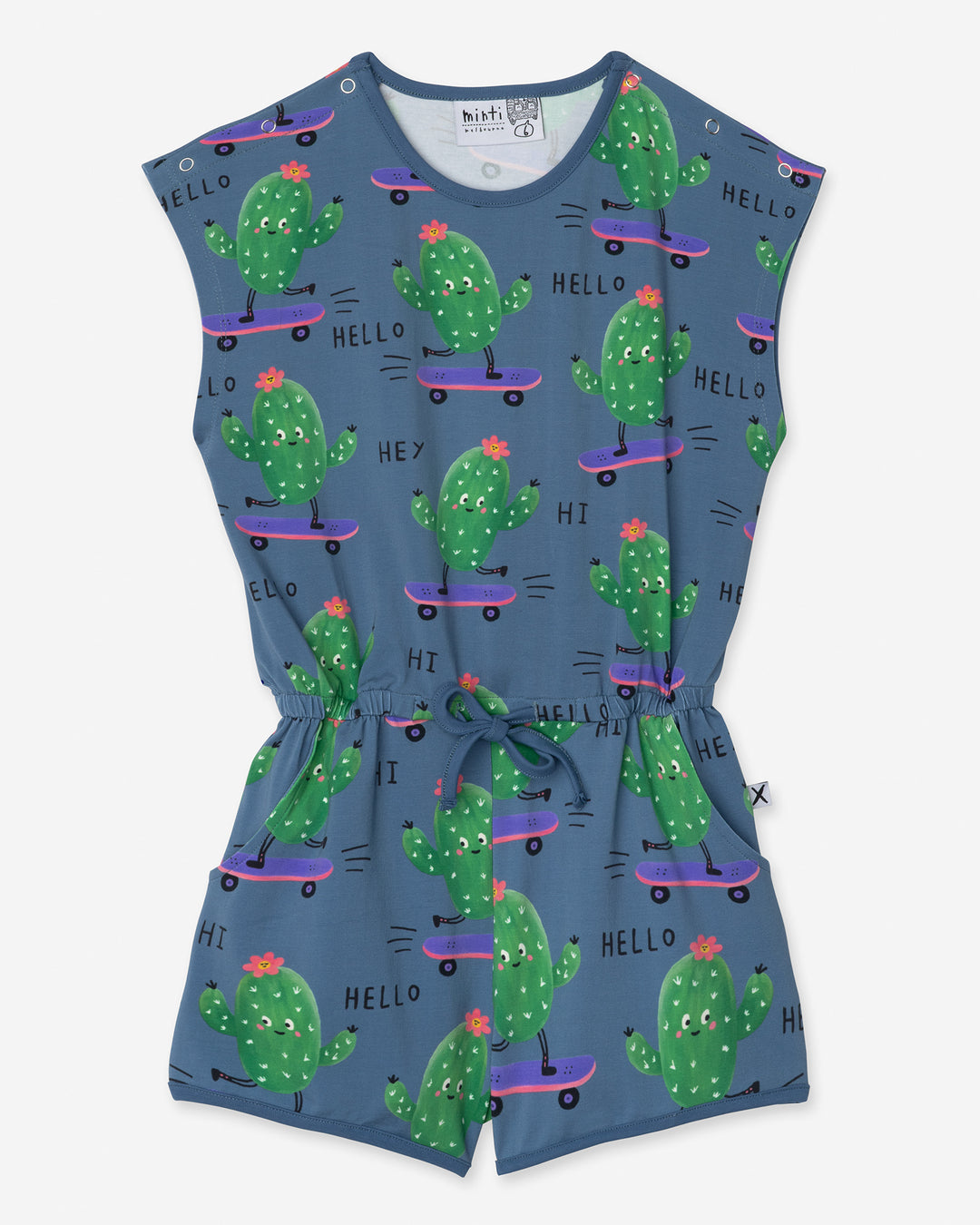 Skate Cactus Playsuit in muted blue, girls playsuit by Minti, flat lay