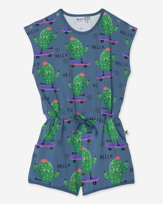 Skate Cactus Playsuit in muted blue, girls playsuit by Minti, flat lay