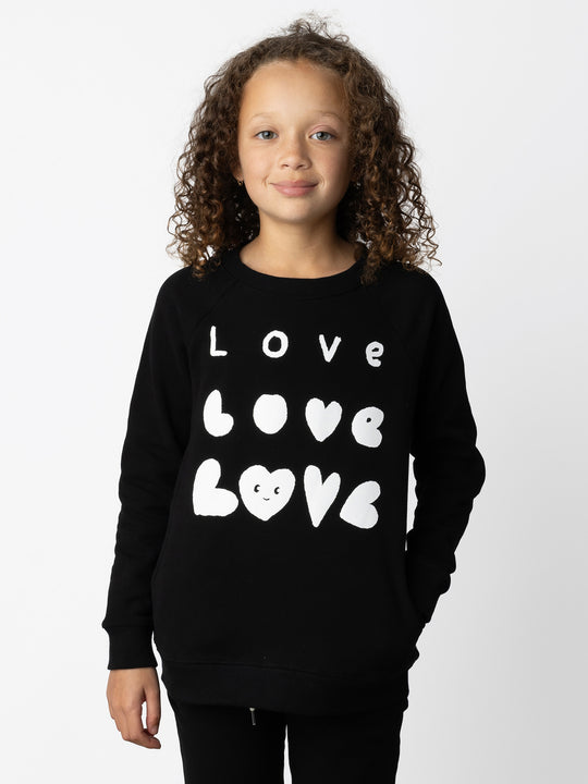Minti kids clothing. Super comfy crew with rounded side pockets. 330 Gram // Brushed Inside // 95% Cotton // 5% Elastane.