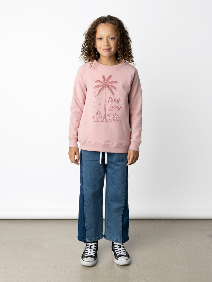 Minti kids clothing. Super comfy crew with rounded side pockets. 330 Gram // Brushed Inside // 95% Cotton // 5% Elastane.