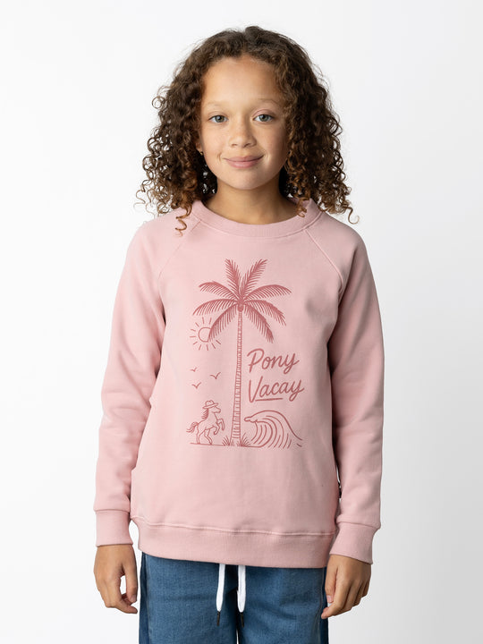 Minti kids clothing. Super comfy crew with rounded side pockets. 330 Gram // Brushed Inside // 95% Cotton // 5% Elastane.