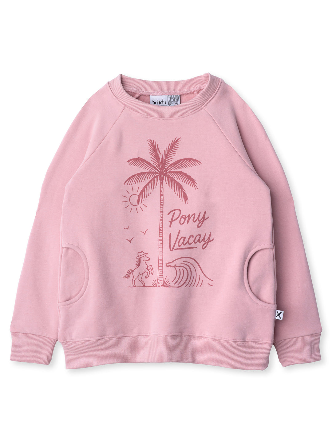 Minti kids clothing. Super comfy crew with rounded side pockets. 330 Gram // Brushed Inside // 95% Cotton // 5% Elastane.