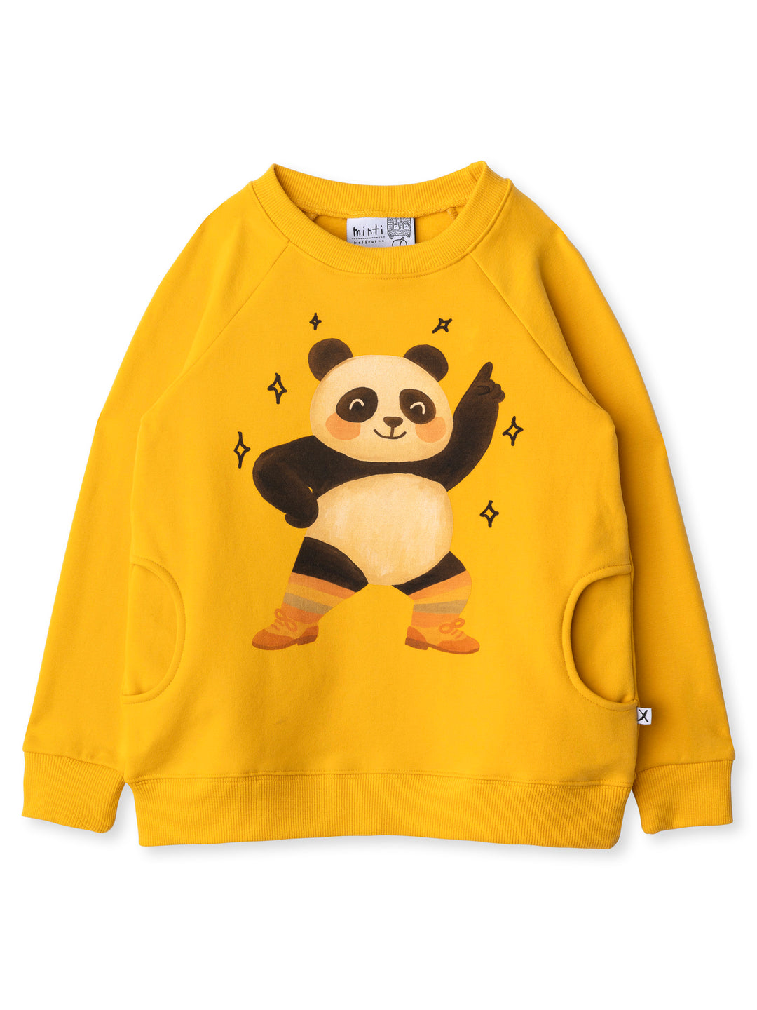 Minti kids clothing. Super comfy crew with rounded side pockets. 330 Gram // Brushed Inside // 95% Cotton // 5% Elastane.