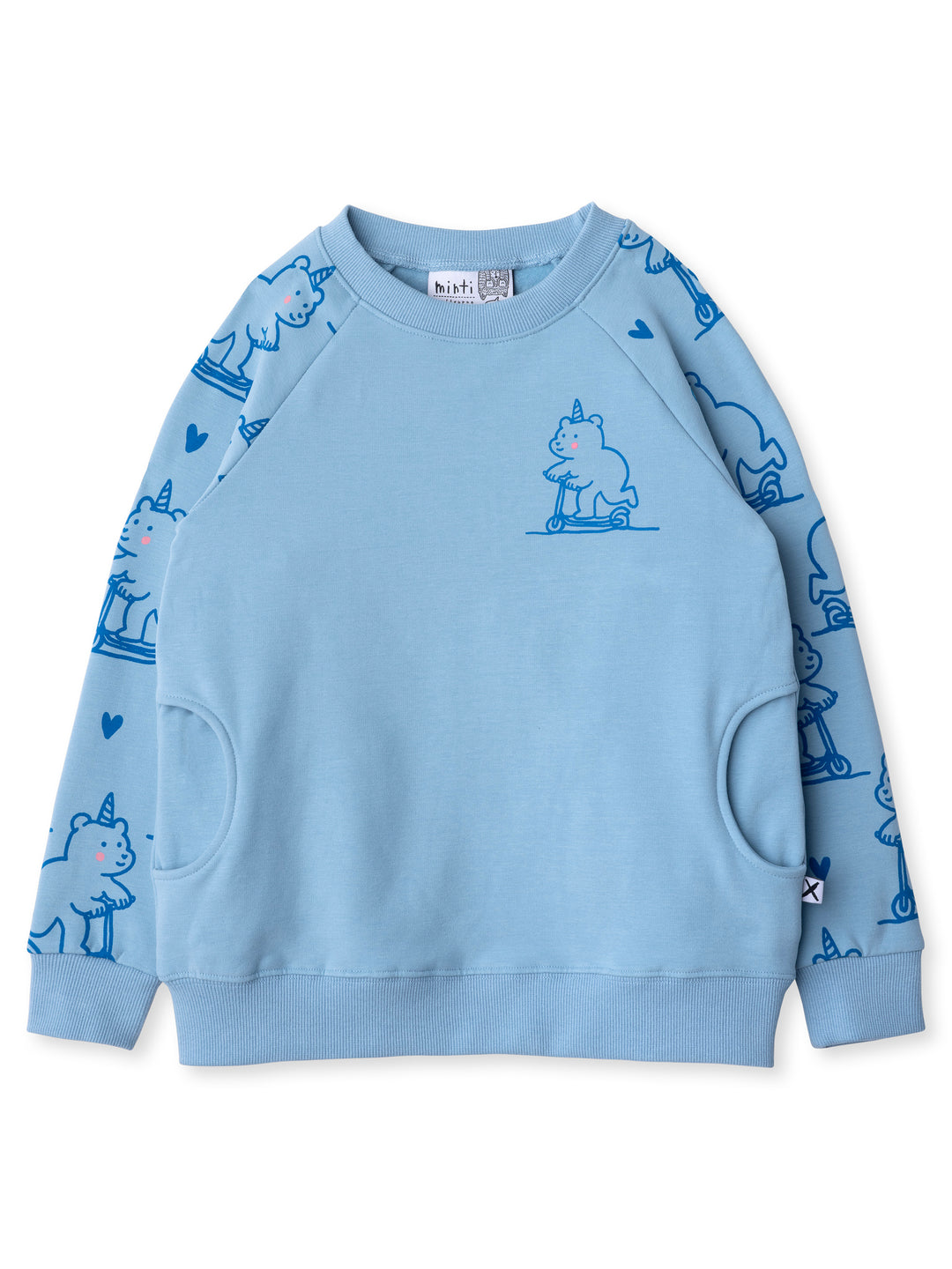 Minti kids clothing. Super comfy crew with rounded side pockets. 330 Gram // Brushed Inside // 95% Cotton // 5% Elastane.
