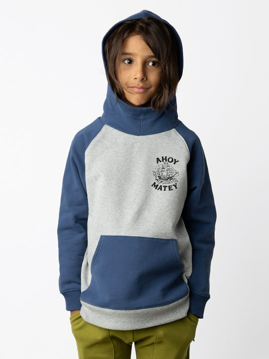 Minti kids clothing. Very comfy hoodie with contrast raglan sleeves and contrast front kangaroo pocket. Small print on the front. 330 Gram // Brushed Inside // 95% Cotton // 5% Elastane.
