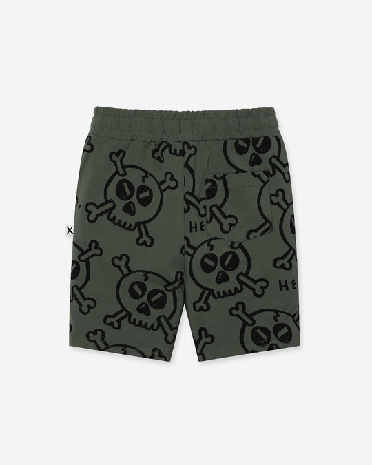 Hello Skull Short in forest, boys shorts by Minti, flat lay