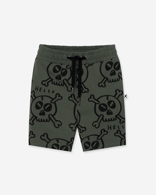 Hello Skull Short in forest, boys shorts by Minti, flat lay