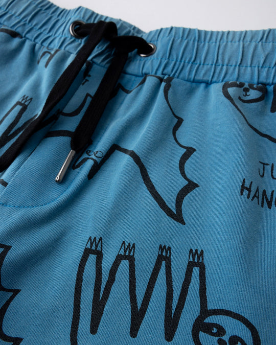 Close up detail of the Just Hanging Short in sky wash