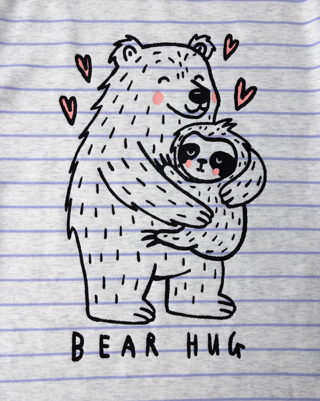 Close up of the Bear Hug Tee print in marle and purple stripe