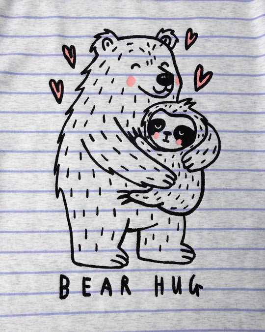 Close up of the Bear Hug Tee print in marle and purple stripe