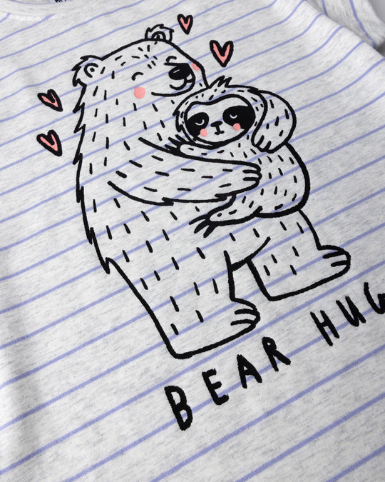 Close up of the Bear Hug Tee print in marle and purple stripe