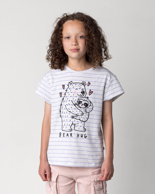 Close up of the Bear Hug Tee in marle and purple stripe on a kid, front view