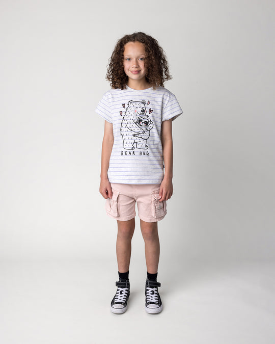 Kid wearing the Bear Hug Tee in marle and purple stripe, front view
