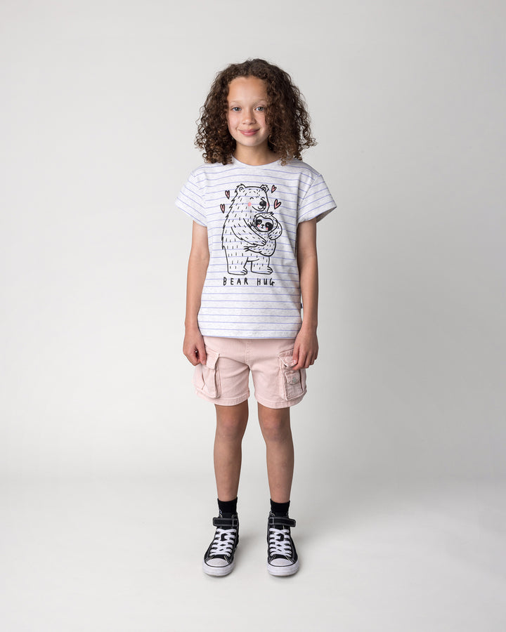 Kid wearing the Bear Hug Tee in marle and purple stripe, front view