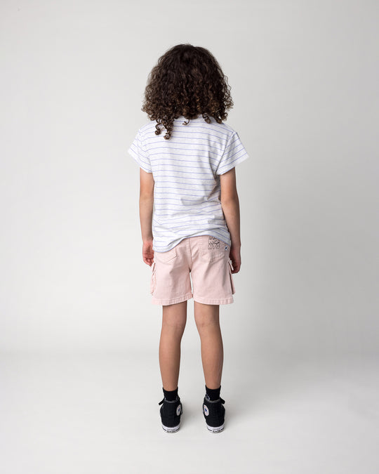Kid wearing the Bear Hug Tee in marle and purple stripe, back view