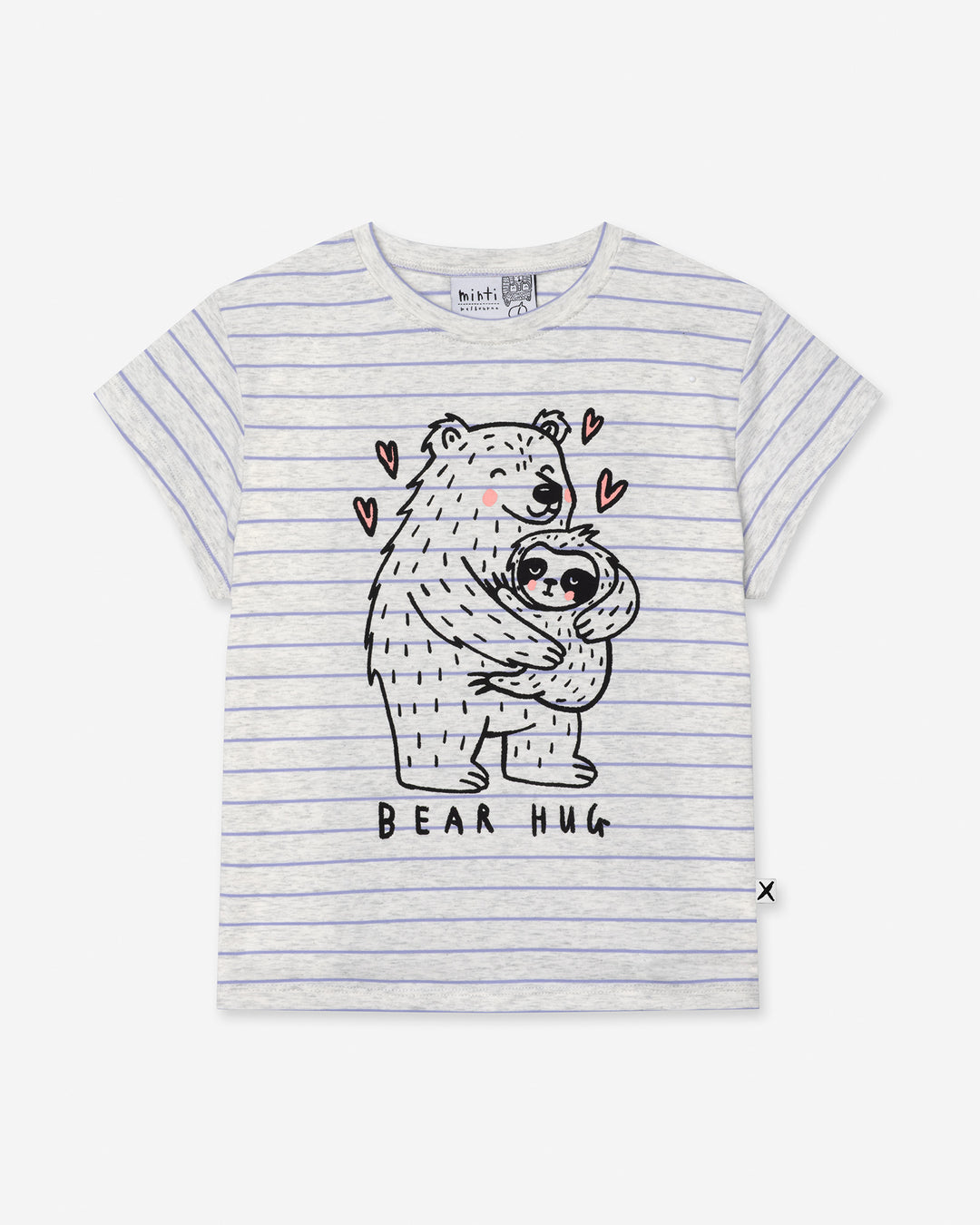 Bear Hug Tee in marle and purple stripe, girls t shirt by Minti, flat lay