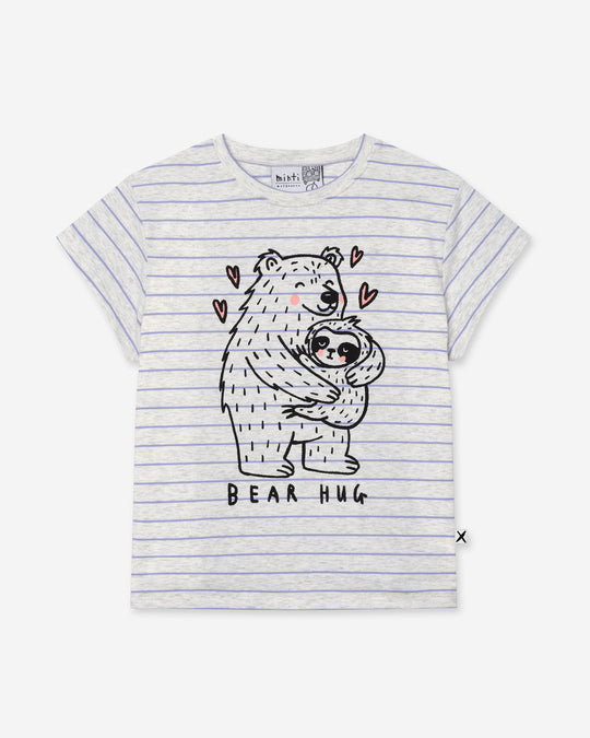 Bear Hug Tee in marle and purple stripe, girls t shirt by Minti, flat lay