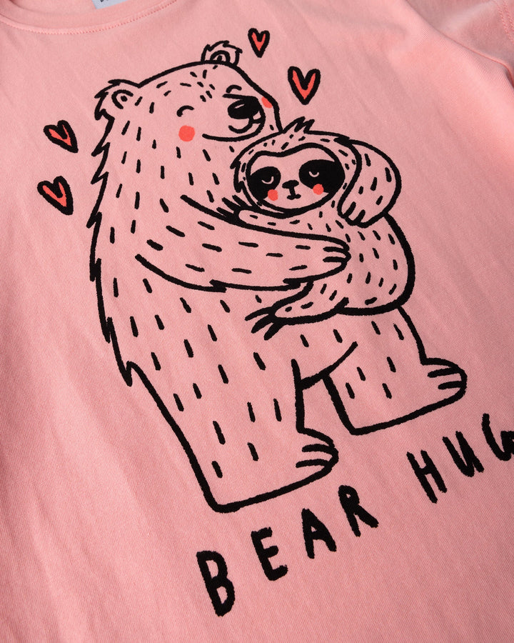 Close up of the Bear Hug Tee print in pink
