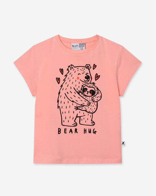 Bear Hug Tee in pink, girls t shirt by Minti, flat lay